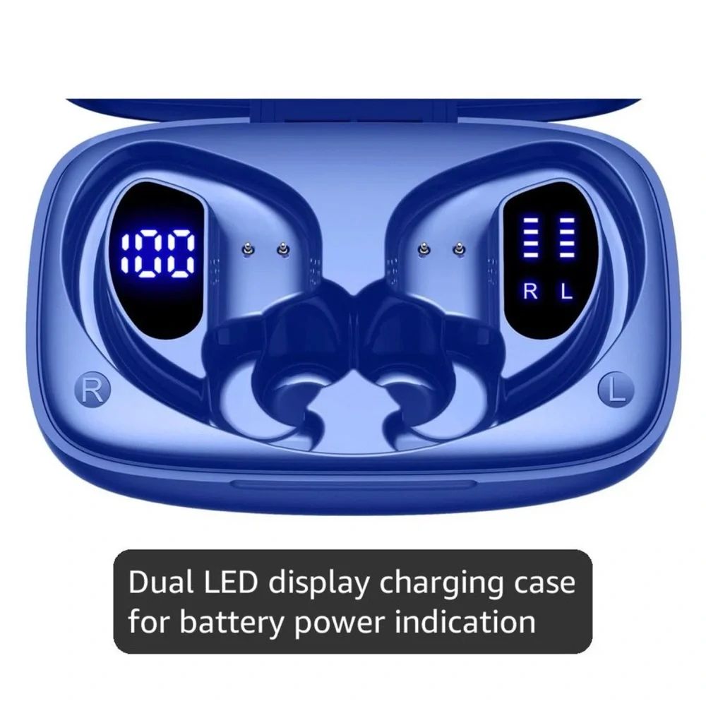 Wireless Earbuds Bluetooth w 80H Playtime LED Display Case, Over-Ear Hook w Mic - Picture 2 of 9